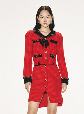 lefame拉飞姆复古港风红黑撞色花瓣领毛织开衫