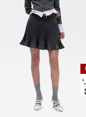 lefame拉飞姆烫钻蝴蝶结波浪摆压褶半裙女设计感百褶裙短裙秋冬