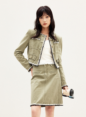 lefame拉飞姆2026春季灰绿色小香风织带装饰外套