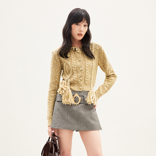 lefame拉飞姆2026春季 饰边绞花通勤针织外套女 老钱风钉珠装