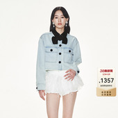 lefame拉飞姆玫瑰花蝴蝶结撞色领牛仔外套短上衣女