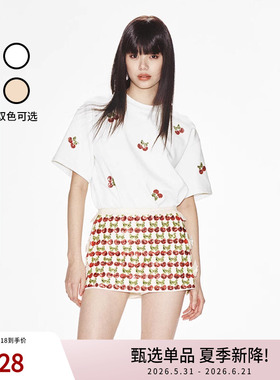 lefame拉飞姆蝴蝶结樱桃珍珠后开叉白色休闲短袖T恤女