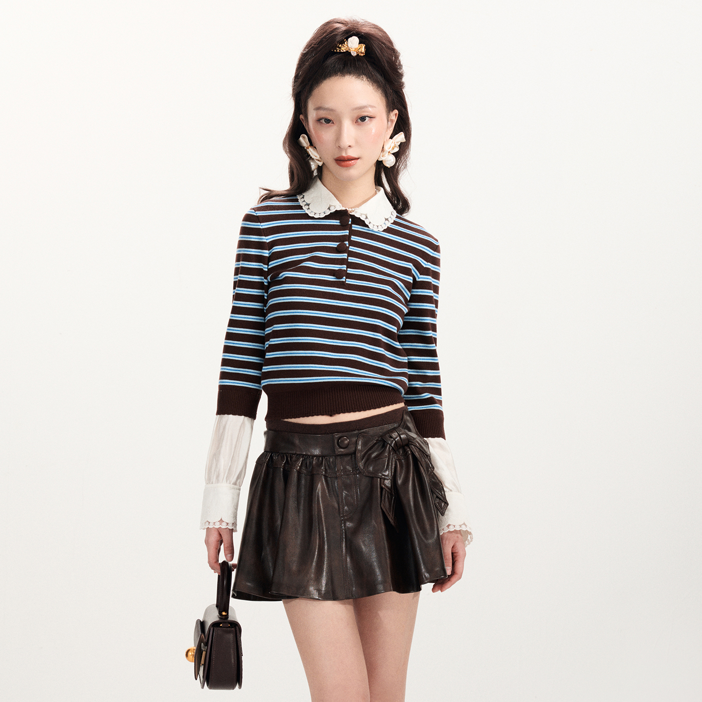 lefame拉飞姆2026早春新品时尚航海学院风蓝咖条纹拼接针织上衣