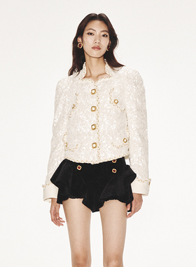 lefame拉飞姆秋冬时尚摩登都会珠片保暖小香风织带羽绒服外套女