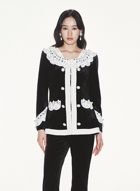 lefame拉飞姆复古浪漫修身撞色珍珠领中长款外套上衣