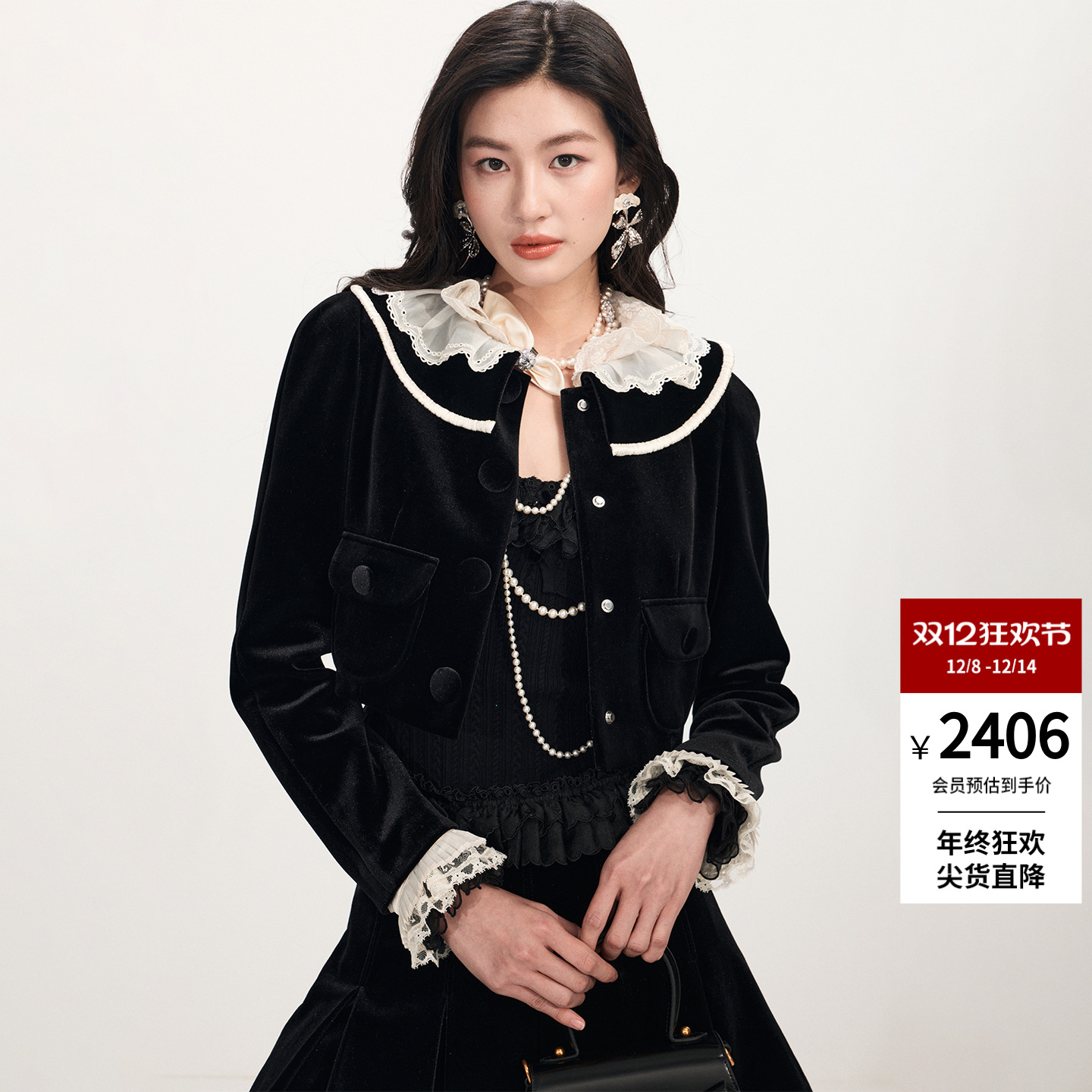 lefame拉飞姆2026早春新品时尚洛可可宫廷风蕾丝拼接丝绒外套上衣