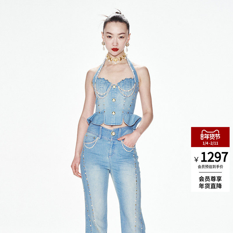 lefame拉飞姆修身贝壳胸衣双扣牛仔挂脖上衣,女装/女士精品,背心吊带,淘宝优惠券,粉丝福利购,淘宝优惠卷