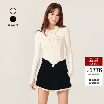 lefame拉飞姆2025冬季新款时尚洛可可荷叶领结针织长袖上衣打底