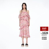 lefame拉飞姆夏季 层叠印花度假珠片绣花仙气优雅连衣裙女