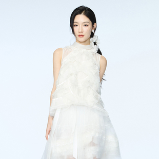 饰无袖 高级层叠荷叶边设计羽毛装 上衣女 新款 lefame拉飞姆春季