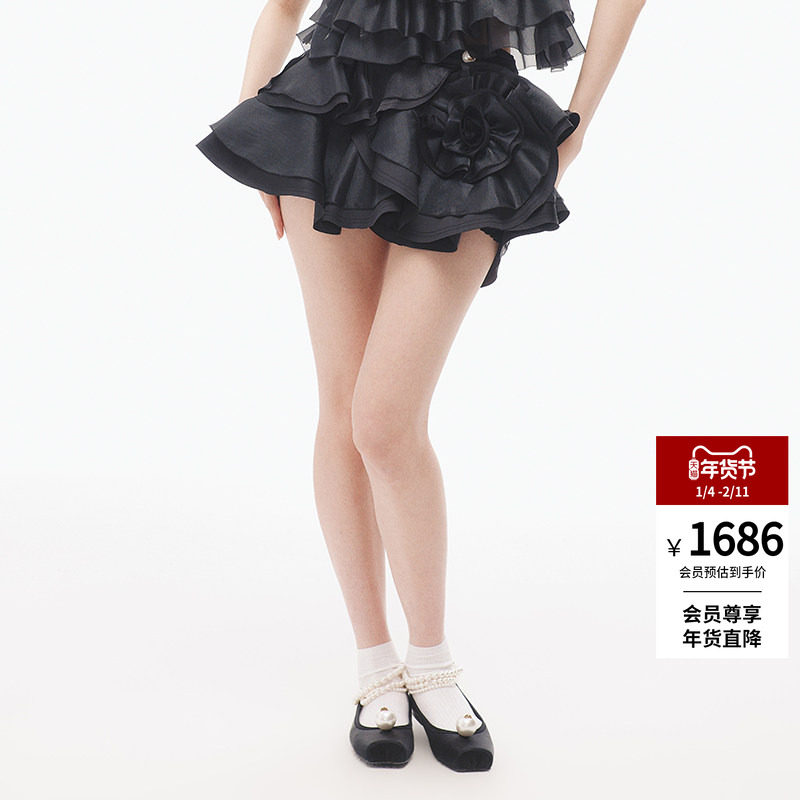 【祝绪丹同款】lefame拉飞姆时尚波嬉风花朵造型黑色半裙,女装/女士精品,半身裙,淘宝优惠券,粉丝福利购,淘宝优惠卷