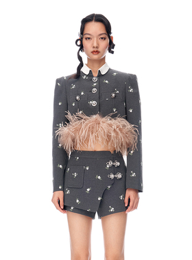 【金晨同款】lefame拉飞姆新中式翻领刺绣毛毛短款西装外套