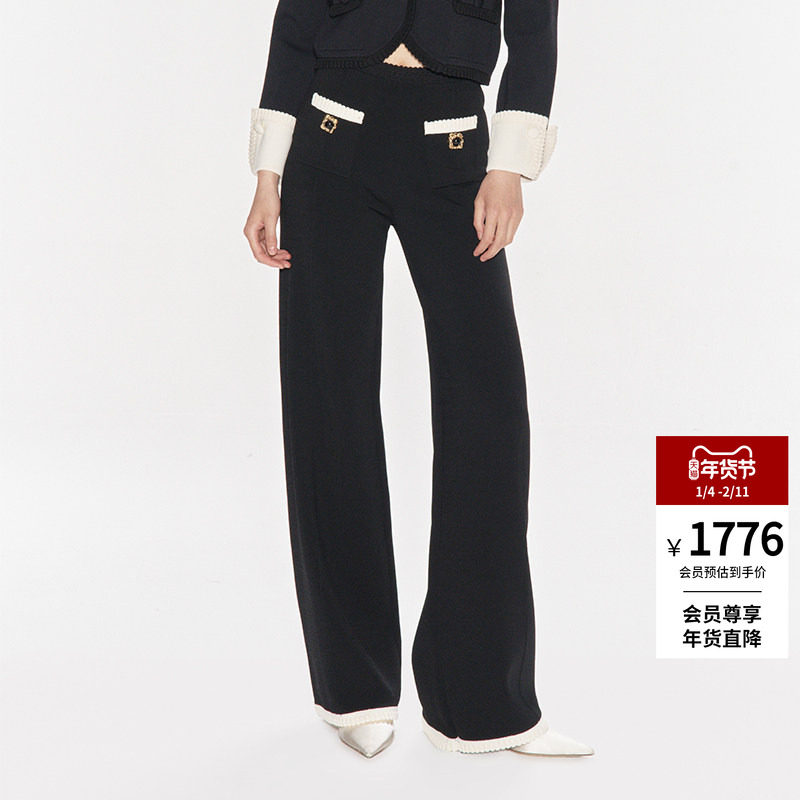 lefame拉飞姆2025秋季新款优雅手勾花边高腰黑色针织长裤休闲裤女,女装/女士精品,休闲裤,淘宝优惠券,粉丝福利购,淘宝优惠卷