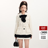 lefame拉飞姆早春新款 崔呈媛同款 粗花呢蝴蝶结绣花长外套女