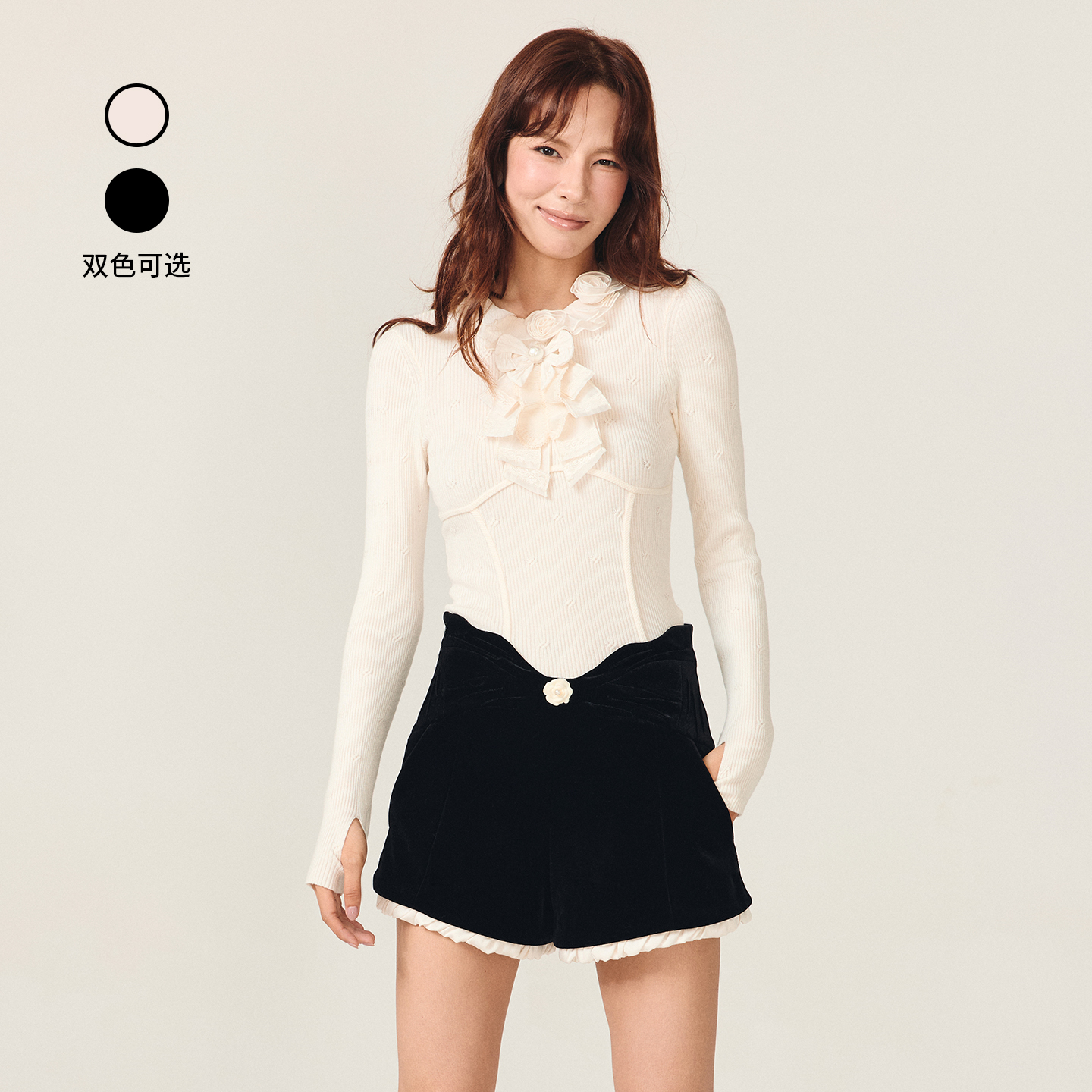 lefame拉飞姆2025冬季新款时尚洛可可荷叶领结针织长袖上衣打底