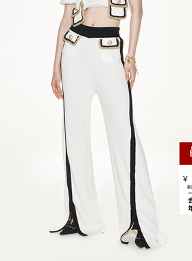 lefame拉飞姆白色简约休闲蕾丝盖阔腿针织长裤