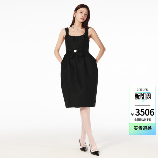 黑色方形领蝴蝶结提花珠饰连衣裙女 时尚 lefame拉飞姆2026夏季 新款