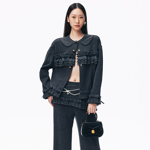 lefame拉飞姆2026秋季新款时尚蝴蝶结绣花饰边外套女装针织上衣