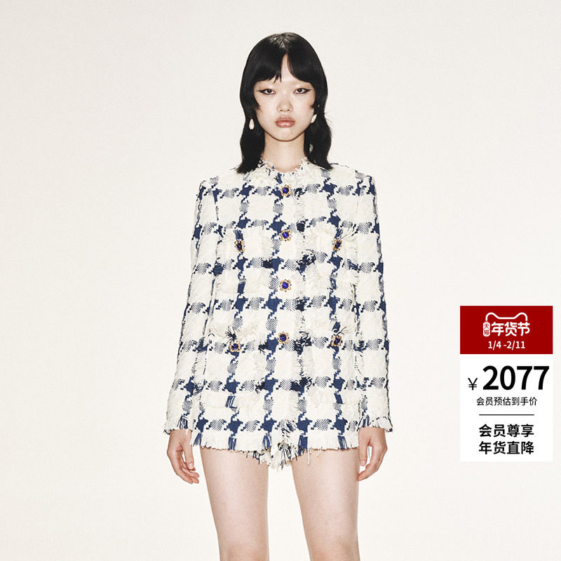 lefame拉飞姆秋冬休闲蓝白格小香风粗花呢外套上衣女气质春秋显瘦,女装/女士精品,短外套,淘宝优惠券,粉丝福利购,淘宝优惠卷