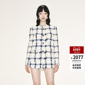 lefame拉飞姆秋冬休闲蓝白格小香风粗花呢外套上衣女气质春秋显瘦