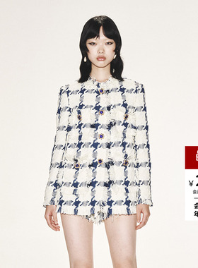 lefame拉飞姆秋冬休闲蓝白格小香风粗花呢外套上衣女气质春秋显瘦