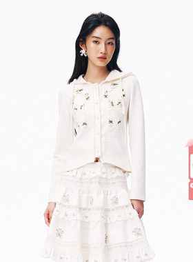 lefame拉飞姆2026秋新款菱格刺绣修身收腰带帽卫衣外套女气质显瘦