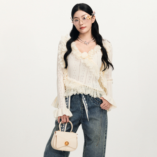 lefame拉飞姆2026春季新款时尚立体花朵荷叶饰边蕾丝长袖针织衫女