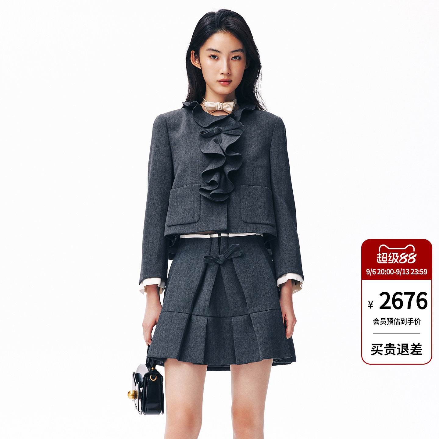lefame拉飞姆2026秋季新款蝴蝶结荷叶领A摆西装外套短款上衣女款图片