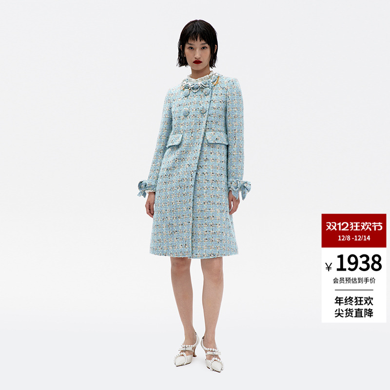 lefame拉飞姆冬季蓝色丝带缠绕珠链装饰粗花呢大衣