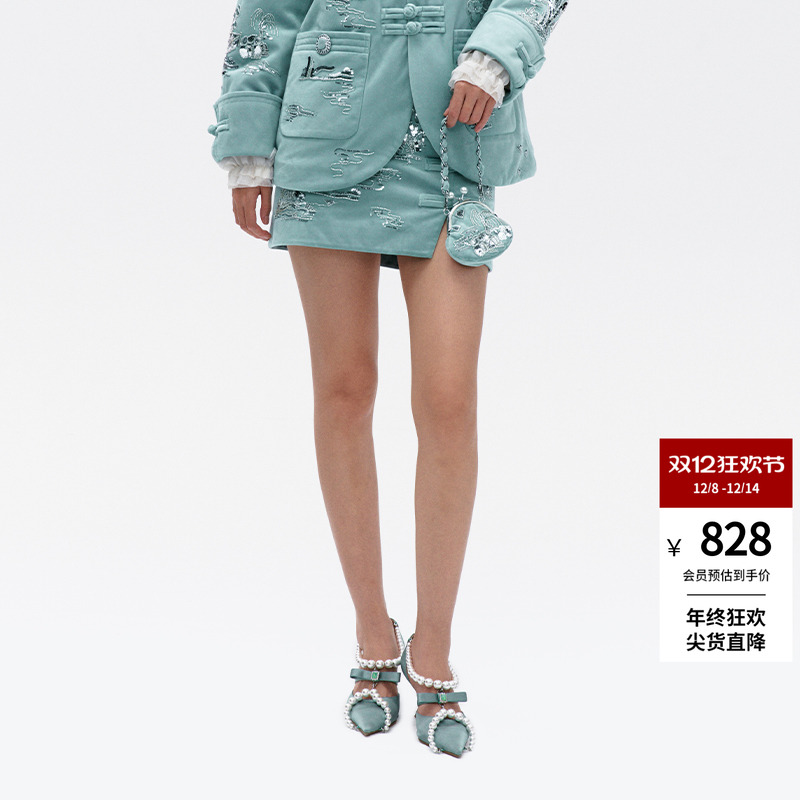 lefame拉飞姆冬季中式亭台楼阁丝绒短半裙女