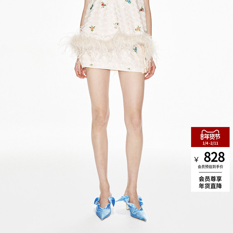 【明星同款】lefame拉飞姆华丽摩登花朵珠片绣花修身半裙