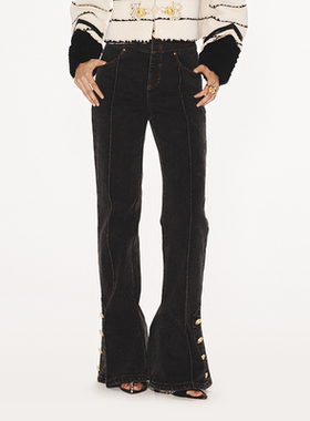 lefame拉飞姆黑灰色洗水喇叭型裤脚牛仔裤