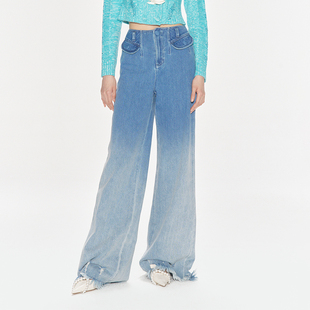 长裤 阔腿裤 破洞渐变色牛仔裤 lefame拉飞姆秋季