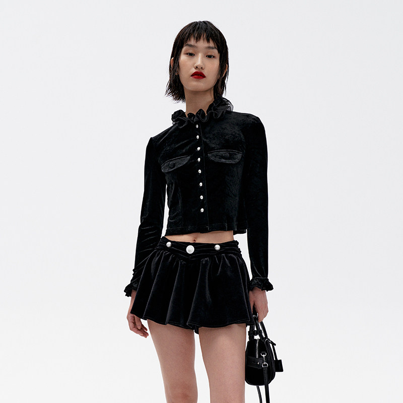 lefame拉飞姆冬季欧根纱荷叶边上衣黑丝绒衬衫设计感