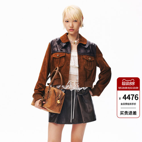 lefame拉飞姆2026秋季新款时尚撞色蝴蝶结羊皮拼接短外套皮衣女