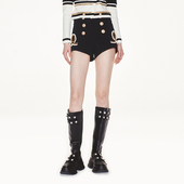 lefame拉飞姆珍珠链条装 饰黑色小A型斜纹短裤