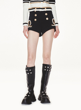 lefame拉飞姆珍珠链条装饰黑色小A型斜纹短裤