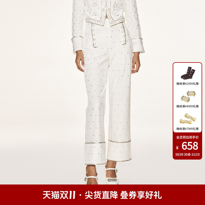 【明星同款】lefame拉飞姆奢华丝绒订珠长裤直筒休闲裤女