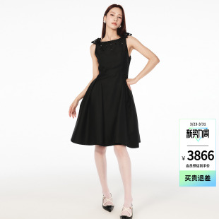 lefame拉飞姆2026夏季 撞色蝴蝶结珠饰收腰伞摆连衣裙中长裙女 新款