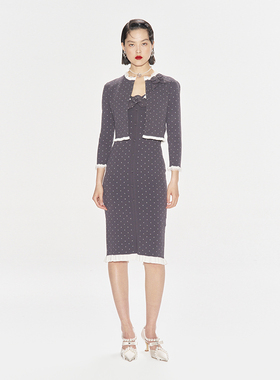 lefame拉飞姆秋季灰色修身波点提花蓄丝边针织长裙复古波点印花裙