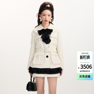 粗花呢蝴蝶结绣花长外套女 lefame拉飞姆早春新款 崔呈媛同款