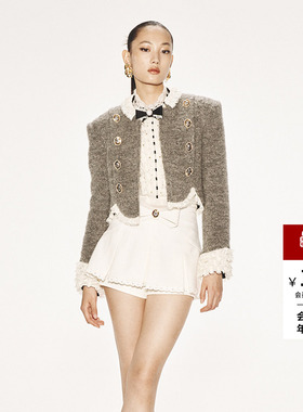 lefame拉飞姆秋冬时尚压褶荷叶边双排扣军旅风法式外套上衣女