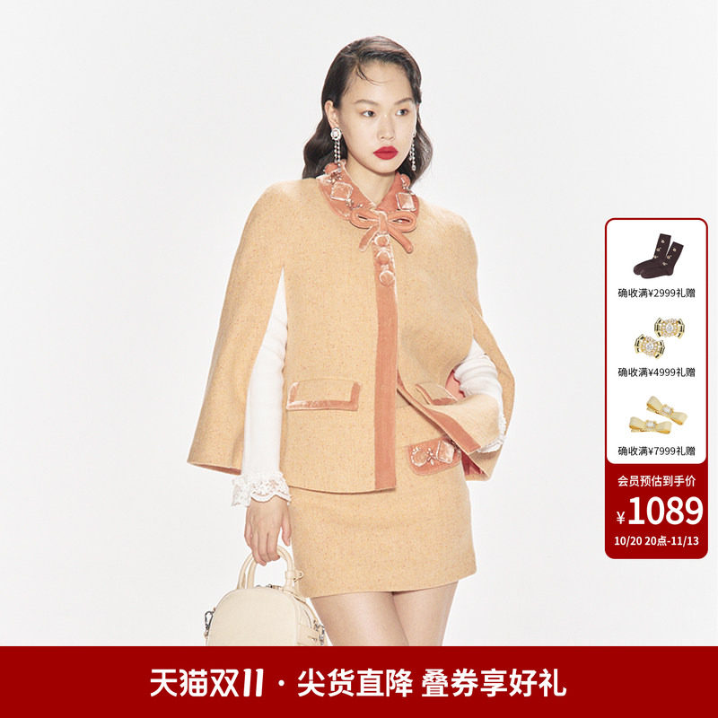 lefame拉飞姆秋季复古摩登珠片链条装饰长斗篷外套