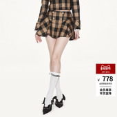 lefame拉飞姆学院风棕色格纹双排彩钻珍珠扣半裙