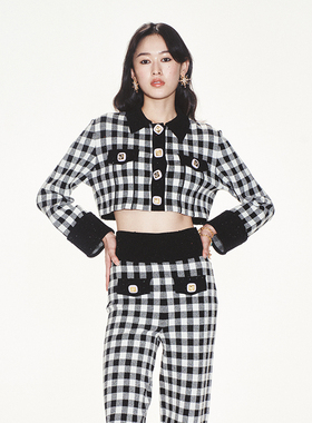 lefame拉飞姆复古港风蝴蝶结黑白格子针织外套