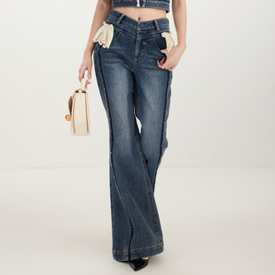 lefame拉飞姆2026春季新款时尚马德拉刺绣牛仔长裤阔腿裤女显瘦