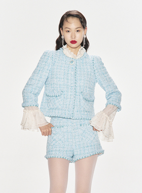 lefame拉飞姆秋季复古立体闪葱织带装饰粗花呢外套