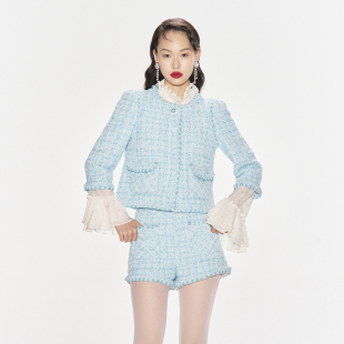 lefame拉飞姆秋季 饰粗花呢外套 复古立体闪葱织带装