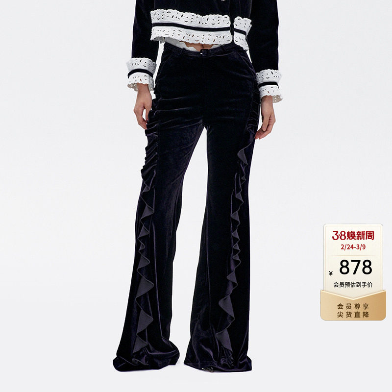 lefame拉飞姆花卉玫瑰装饰藏蓝丝绒修身喇叭裤