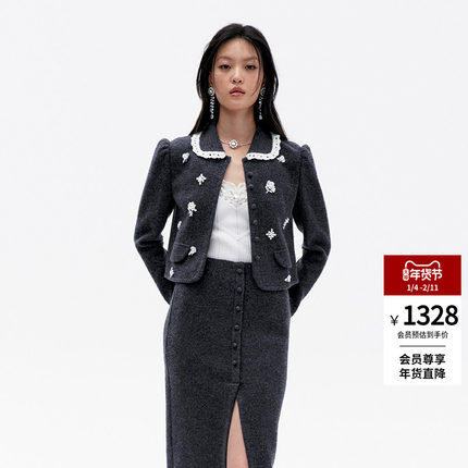 lefame拉飞姆冬季时尚复古洛可可花边装饰钉珠针织上衣短款显瘦女